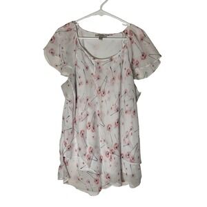 Roz & Ali Womens 2X White Pink Dandelion Print Flutter Sleeve Tiered Blouse